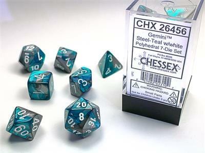 Gemini Steel-Teal/white Polyhedral 7-Die Set - Saltire Games