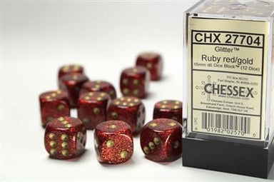 Glitter 16mm D6 Ruby/gold Dice Block™ (12 dice) - Saltire Games