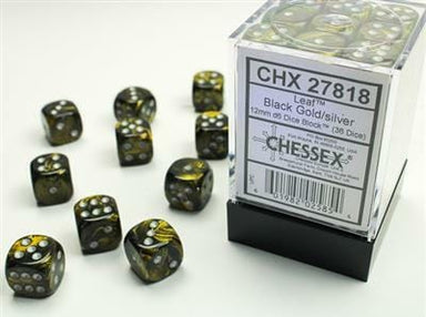 Leaf™ 12mm D6 Black Gold/silver Dice Block™ (36 dice) - Saltire Games