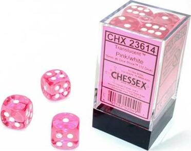 Translucent 16mm D6 Pink/white Dice Block™ (12 dice) - Saltire Games