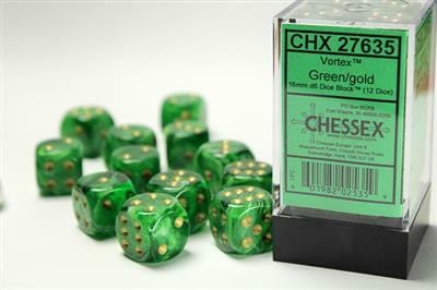 Vortex® 16mm D6 Green/gold Dice Block™ (12 dice) - Saltire Games