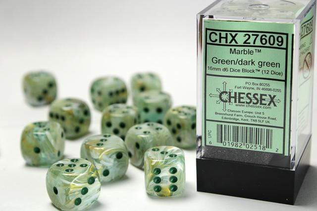 Marble 16mm D6 Green/dark green Dice Block™ (12 dice) - Saltire Games