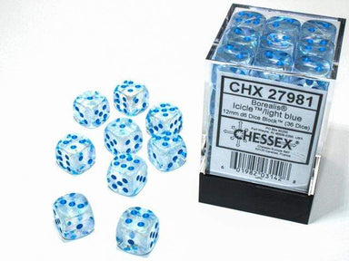 Borealis Icicle/light blue Luminary 12mm d6 Dice Block (36 dice) - Saltire Games