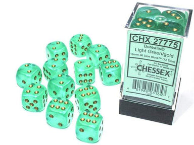 Borealis® 16mm D6 Light Green/gold Luminary™ Dice Block™ (12 dice) - Saltire Games