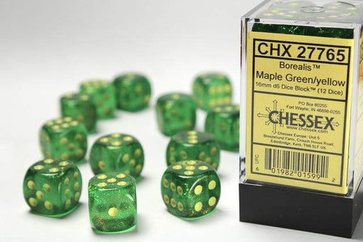 Borealis® 16mm D6 Maple Green/yellow Dice Block™ (12 dice) - Saltire Games