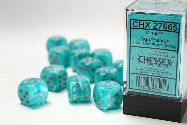 Cirrus® 16mm D6 Aqua/silver Dice Block™ (12 dice) - Saltire Games