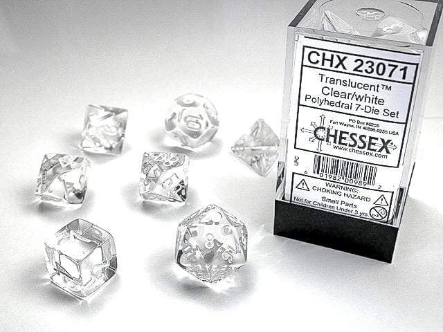 Translucent Polyhedral Clear/white 7-Die Set - Saltire Games