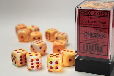 Festive® 16mm D6 w/pips Sunburst™ w/red Dice Block™ (12 dice - Saltire Games