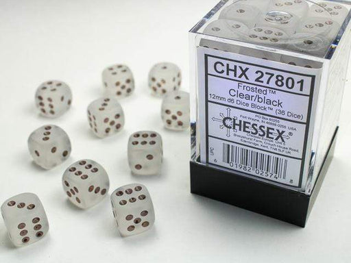 Frosted™ 12mm D6 Clear/black Dice Block™ (36 dice) - Saltire Games