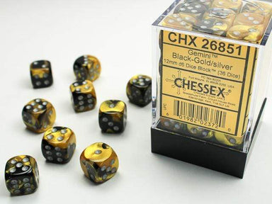 Gemini 12mm d6 Black Gold Silver - Saltire Games