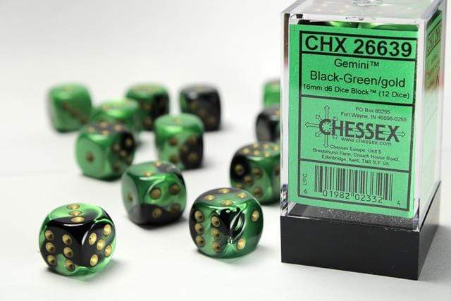 Gemini® 16mm D6 Black-Green/gold Dice Block™ (12 dice) - Saltire Games