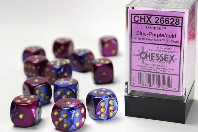 Gemini® 16mm D6 Blue-Purple/gold Dice Block™ (12 dice) - Saltire Games