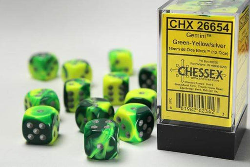 Gemini® 16mm D6 Green-Yellow/silver Dice Block™ (12 dice) - Saltire Games