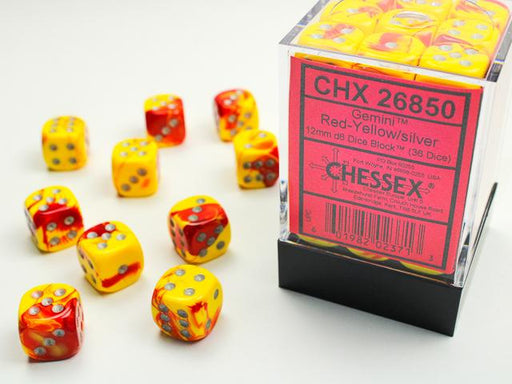 Gemini® 12mm D6 Red-Yellow/silver Dice Block™ (36 dice) - Saltire Games