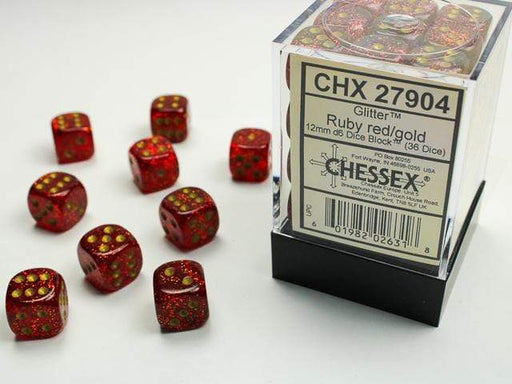 Glitter 12mm D6 Ruby/gold Dice Block™ (36 dice) - Saltire Games