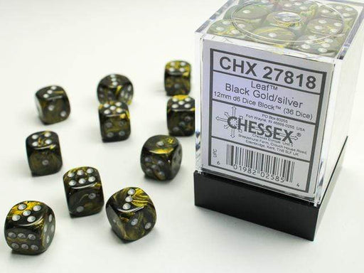Leaf™ 12mm D6 Black Gold/silver Dice Block™ (36 dice) - Saltire Games