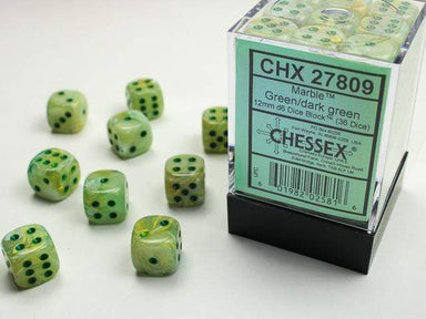 Marble 12mm D6 Green/dark green Dice Block™ (36 dice) - Saltire Games