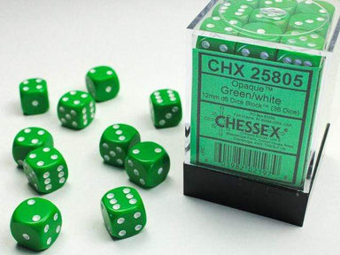 Opaque Green White 12mm d6 set - Saltire Games