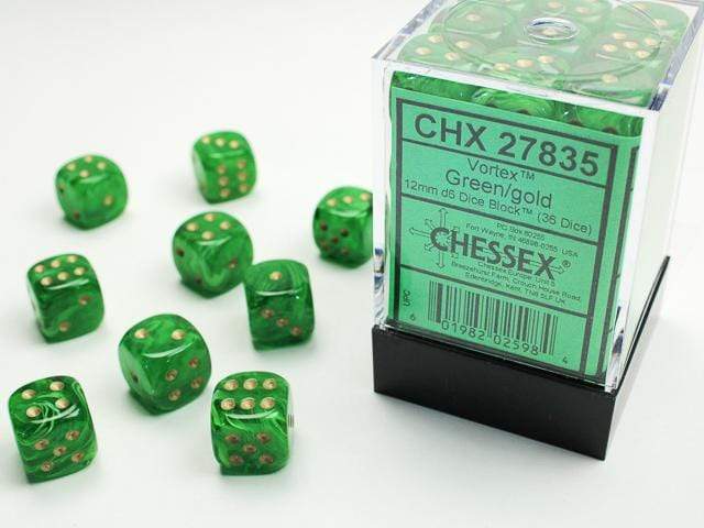 Vortex® 12mm D6 Green/gold Dice Block™ (36 dice) - Saltire Games