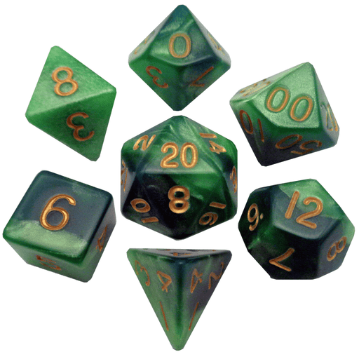 Green/Light Green with Gold Numbers 16mm Polyhedral Dice Set - Saltire Games